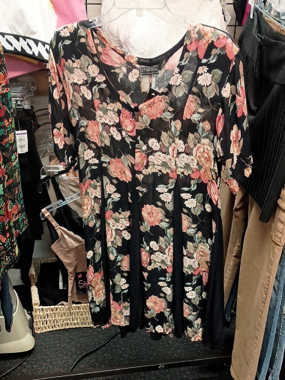 Starina Black Floral Midi Dress with Pink Roses